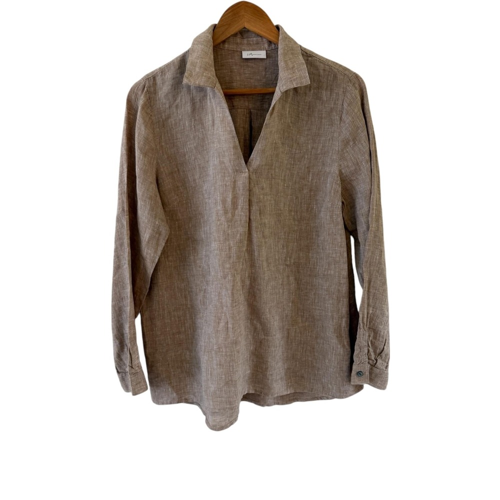 J. Jill Love Linen Tunic Top Womens L Beige Split Neck Collared Coastal Casual